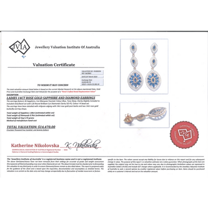 Rose Gold Blue Sapphire and Diamond Decorative Drop Earrings