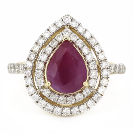 1.14ct Pear Cut Yellow Gold, Ruby and Diamond Double Halo Ring