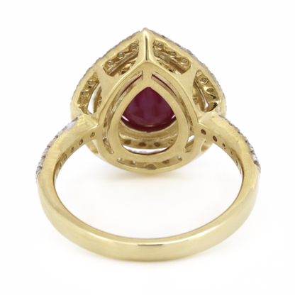1.14ct Pear Cut Yellow Gold, Ruby and Diamond Double Halo Ring