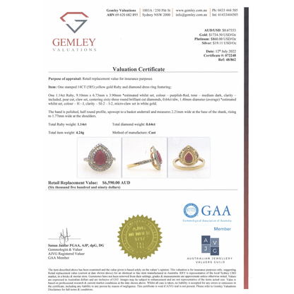 1.14ct Pear Cut Yellow Gold, Ruby and Diamond Double Halo Ring