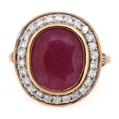 5.73ct Oval Cut Rose Gold, Ruby and Diamond Halo Ring
