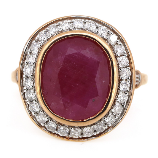 5.73ct Oval Cut Rose Gold, Ruby and Diamond Halo Ring