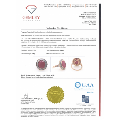 5.73ct Oval Cut Rose Gold, Ruby and Diamond Halo Ring