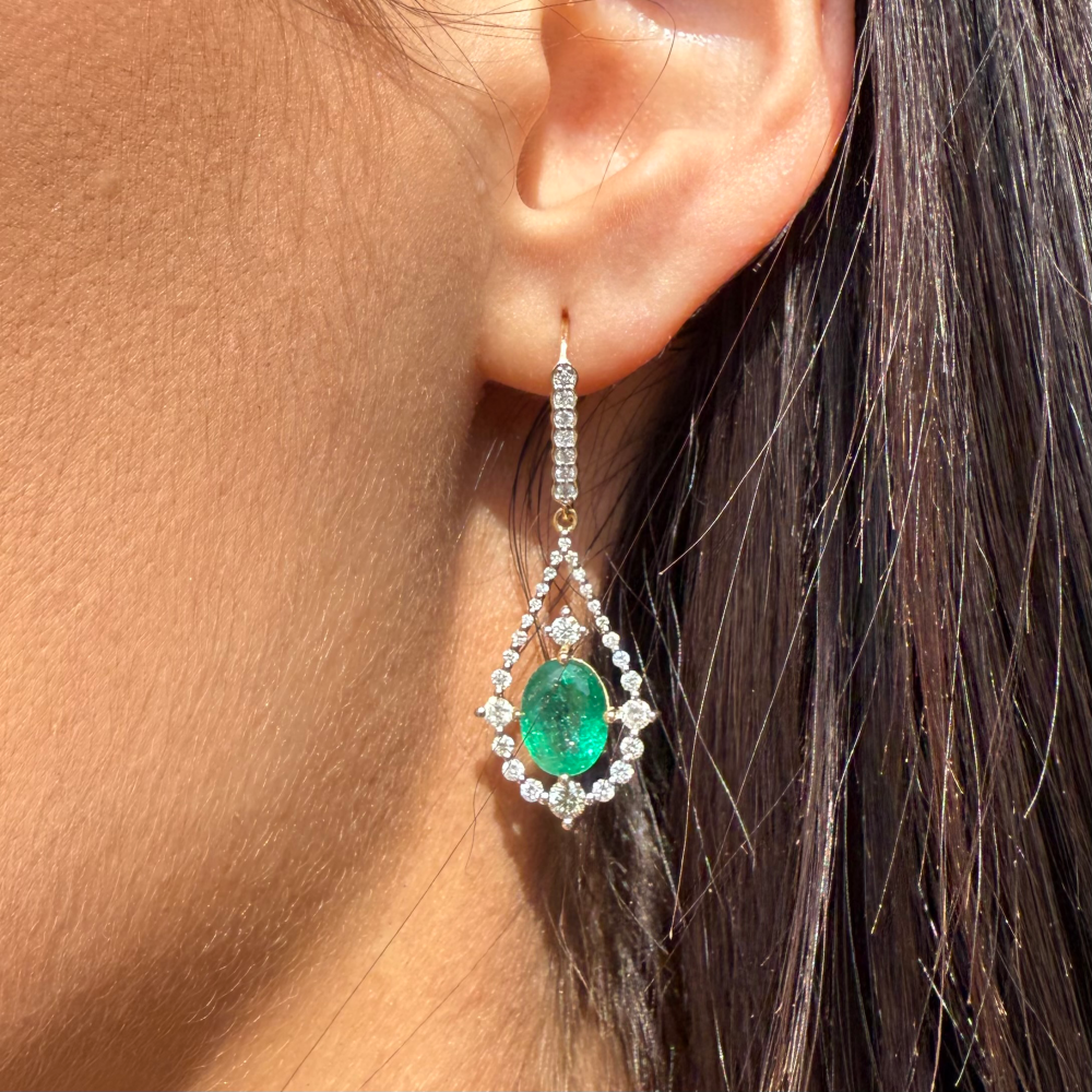 4.17ct Yellow Gold Emerald & Diamond Drop Earrings