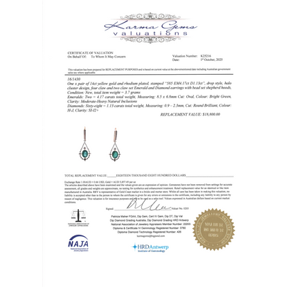 4.17ct Yellow Gold Emerald & Diamond Drop Earrings