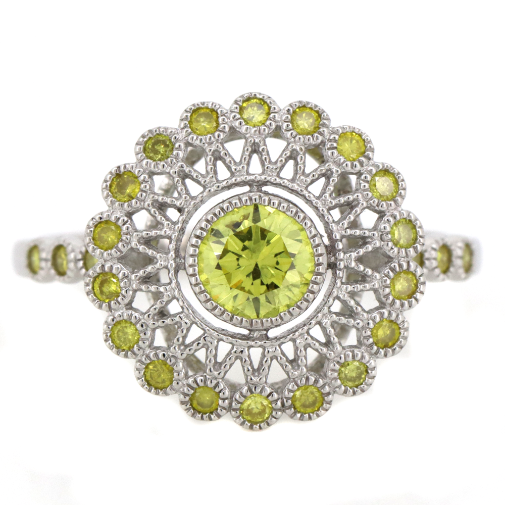 White Gold Fancy Yellow Diamond Antique Inspired Ring