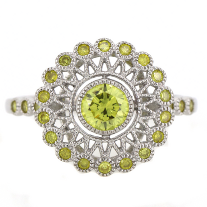 White Gold Fancy Yellow Diamond Antique Inspired Ring