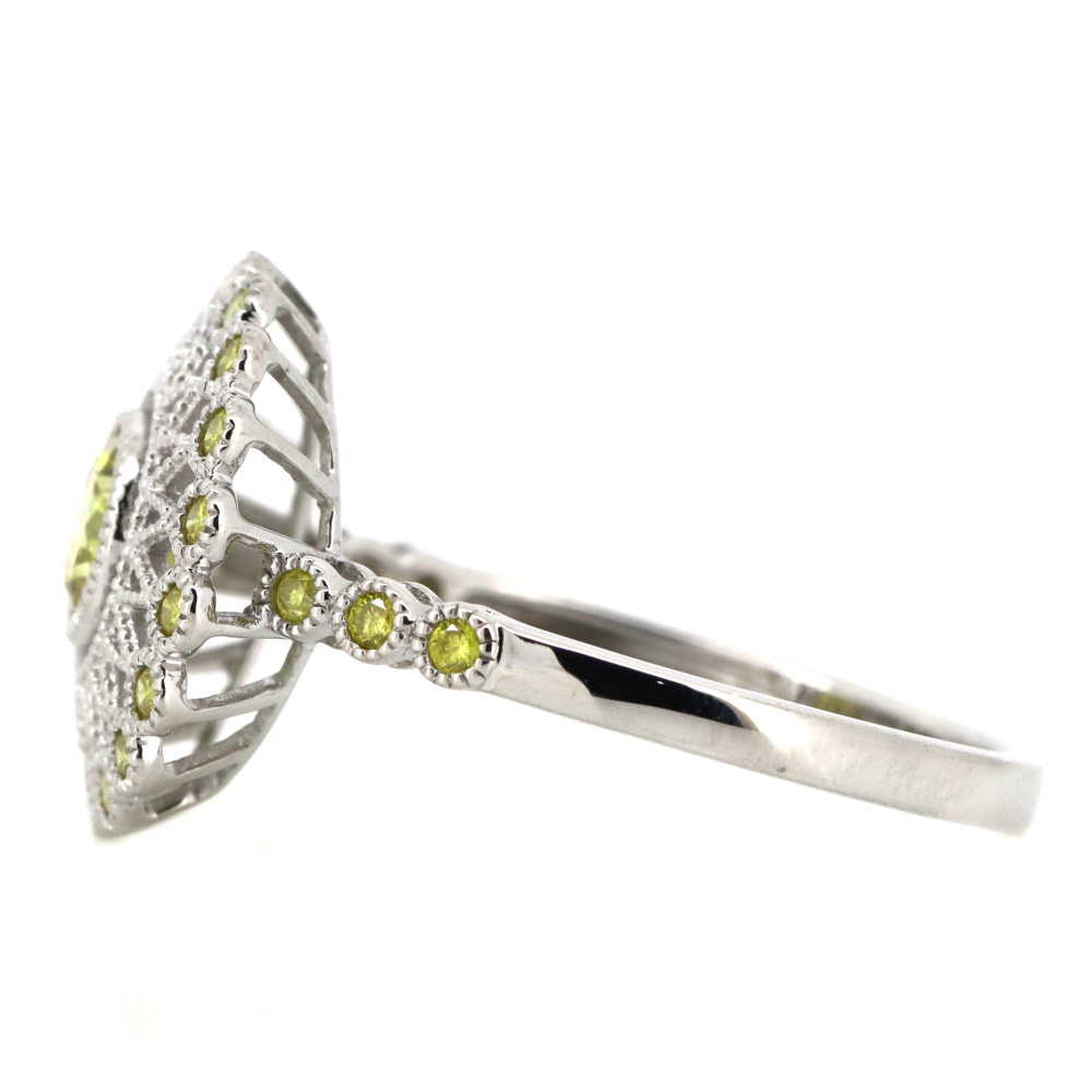 White Gold Fancy Yellow Diamond Antique Inspired Ring
