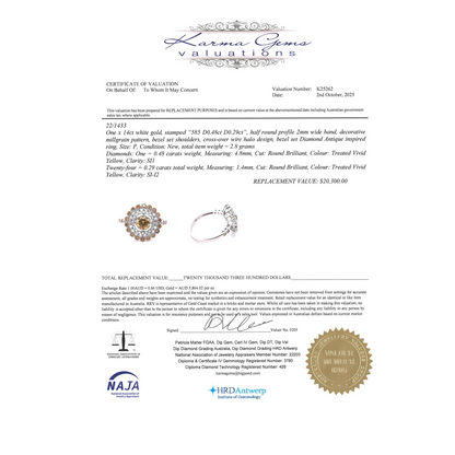 White Gold Fancy Yellow Diamond Antique Inspired Ring