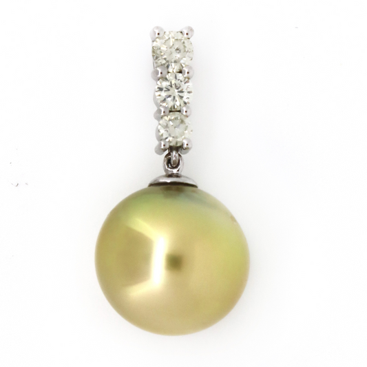 White Gold, Golden Cultured South Sea Pearl and Diamond Drop Pendant
