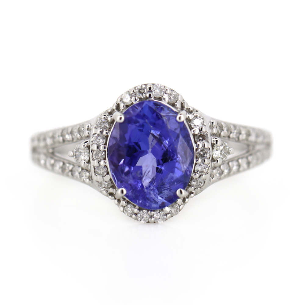 2.03ct White Gold Tanzanite and Diamond Halo Ring