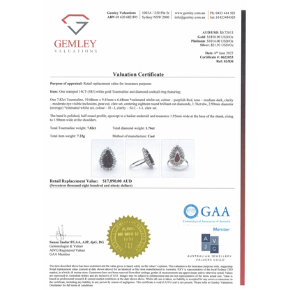 White Gold 7.82ct Red Tourmaline and Diamond Cocktail Ring