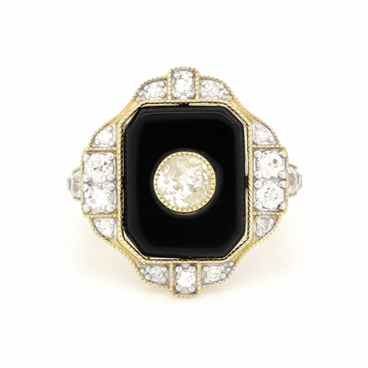 Yellow Gold Black Onyx and Diamond Statement Ring