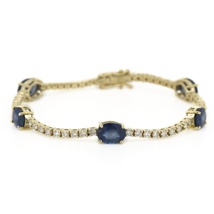Yellow Gold Blue Ceylon Sapphire & Diamond Line Bracelet