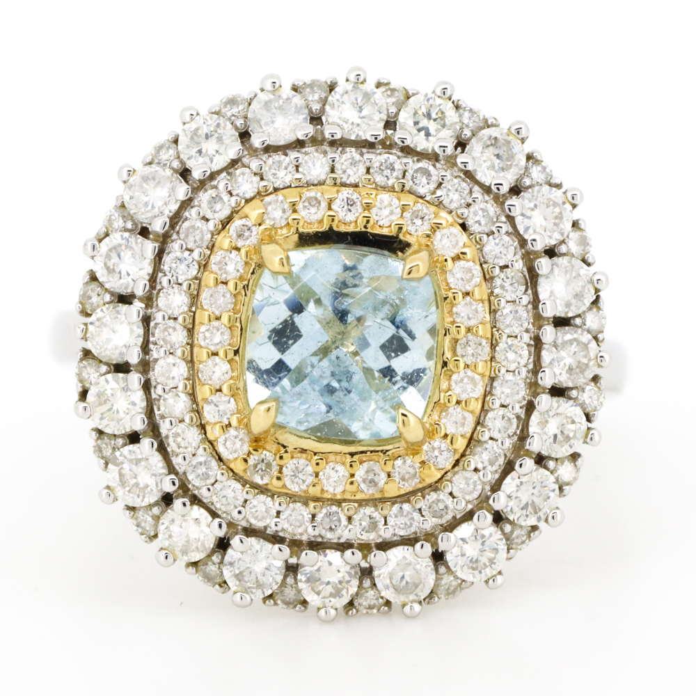 White and Yellow Gold Aquamarine and Diamond Triple Halo Ring