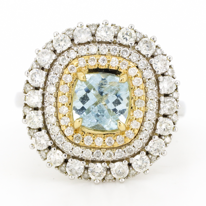 White and Yellow Gold Aquamarine and Diamond Triple Halo Ring