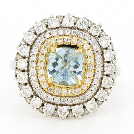 White and Yellow Gold Aquamarine and Diamond Triple Halo Ring