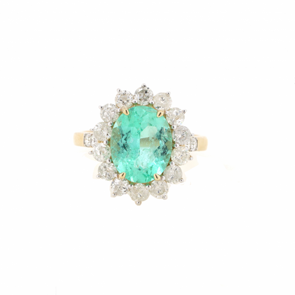 Colombian Emerald, and Diamond Vintage Style Halo Ring