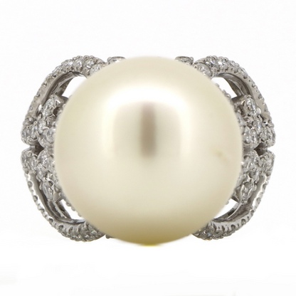 White Gold Cream Cultured South Sea Pearl and Diamond Cocktail Ring