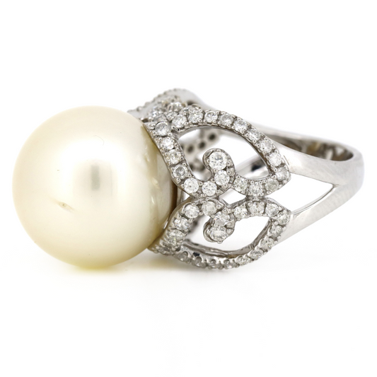 White Gold Cream Cultured South Sea Pearl and Diamond Cocktail Ring