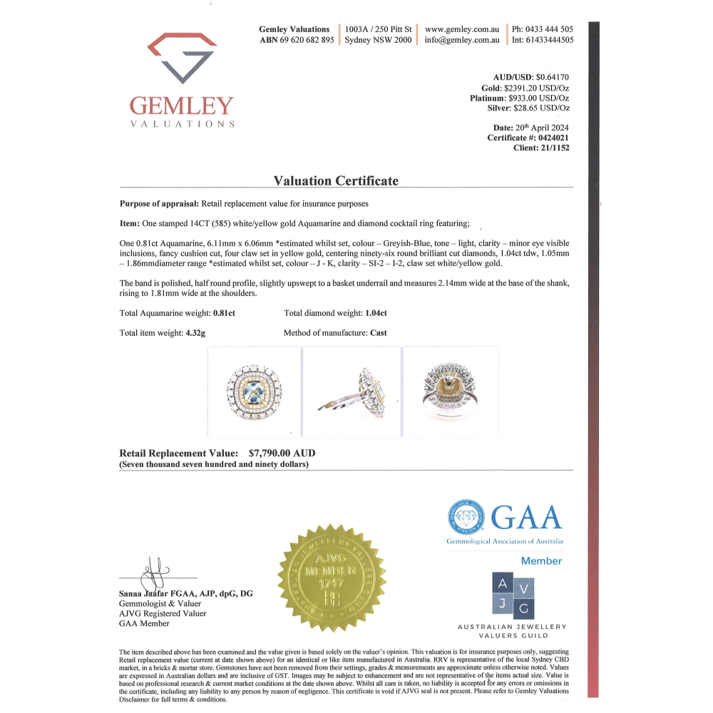 White and Yellow Gold Aquamarine and Diamond Triple Halo Ring