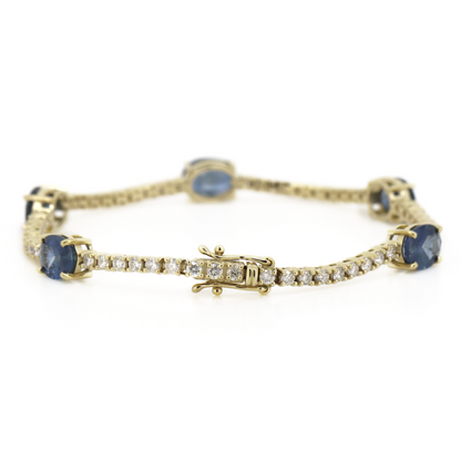 Yellow Gold Blue Ceylon Sapphire & Diamond Line Bracelet