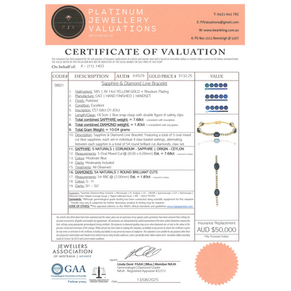 Yellow Gold Blue Ceylon Sapphire & Diamond Line Bracelet