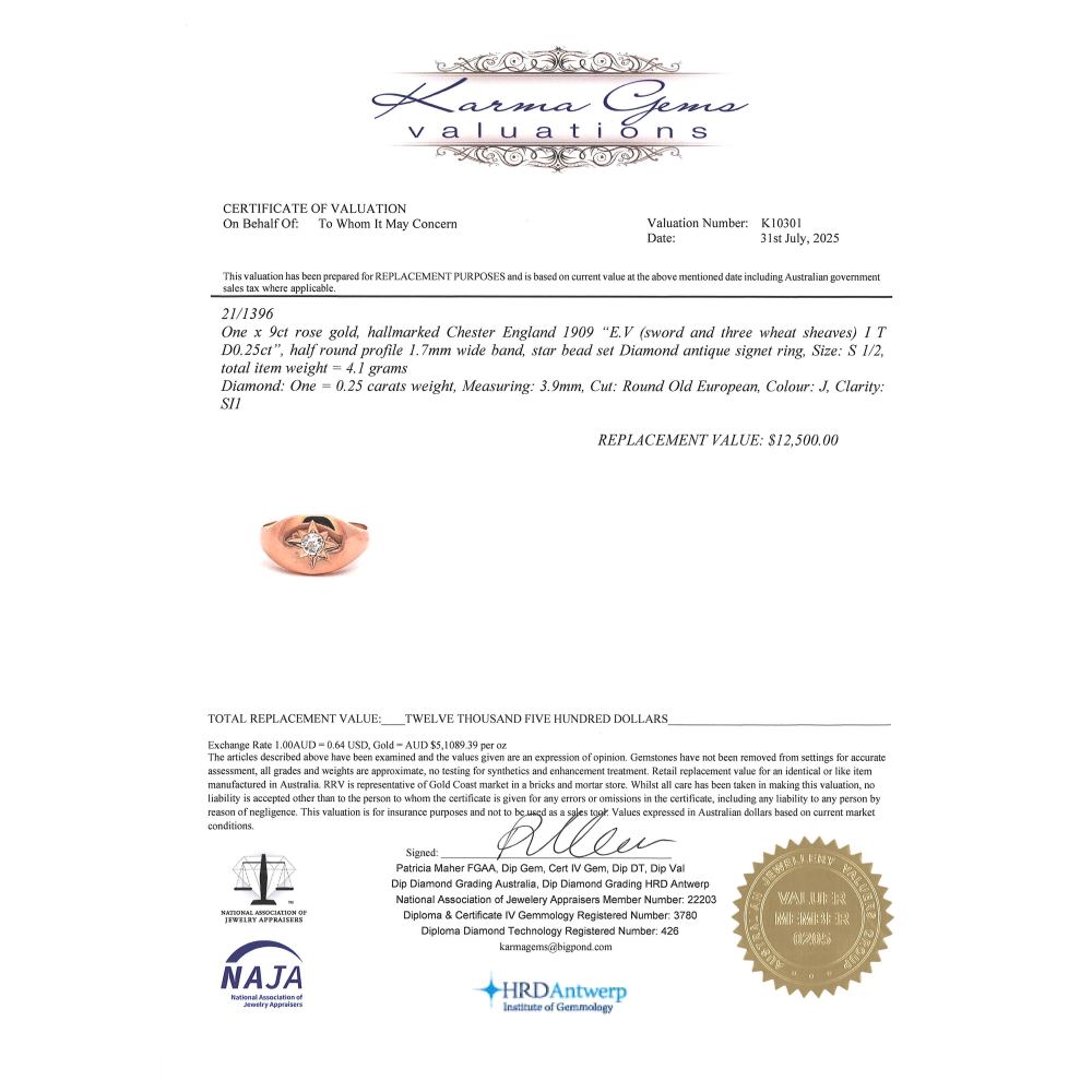 9K Rose Gold and Diamond Star Set Signet Ring