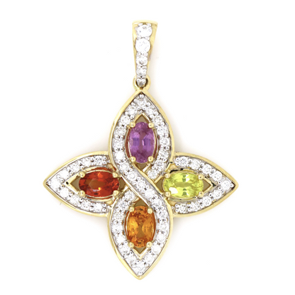 Yellow Gold Multi-Coloured Sapphire and Diamond Pendant