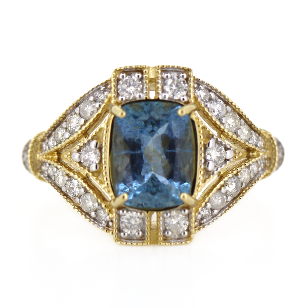 1.39ct Yellow Gold Aquamarine and Diamond Art Deco Inspired Ring