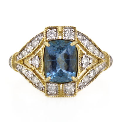 1.39ct Yellow Gold Aquamarine and Diamond Art Deco Inspired Ring