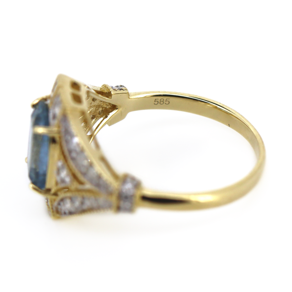 1.39ct Yellow Gold Aquamarine and Diamond Art Deco Inspired Ring