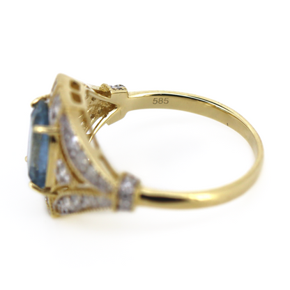1.39ct Yellow Gold Aquamarine and Diamond Art Deco Inspired Ring