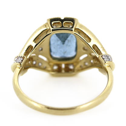 1.39ct Yellow Gold Aquamarine and Diamond Art Deco Inspired Ring