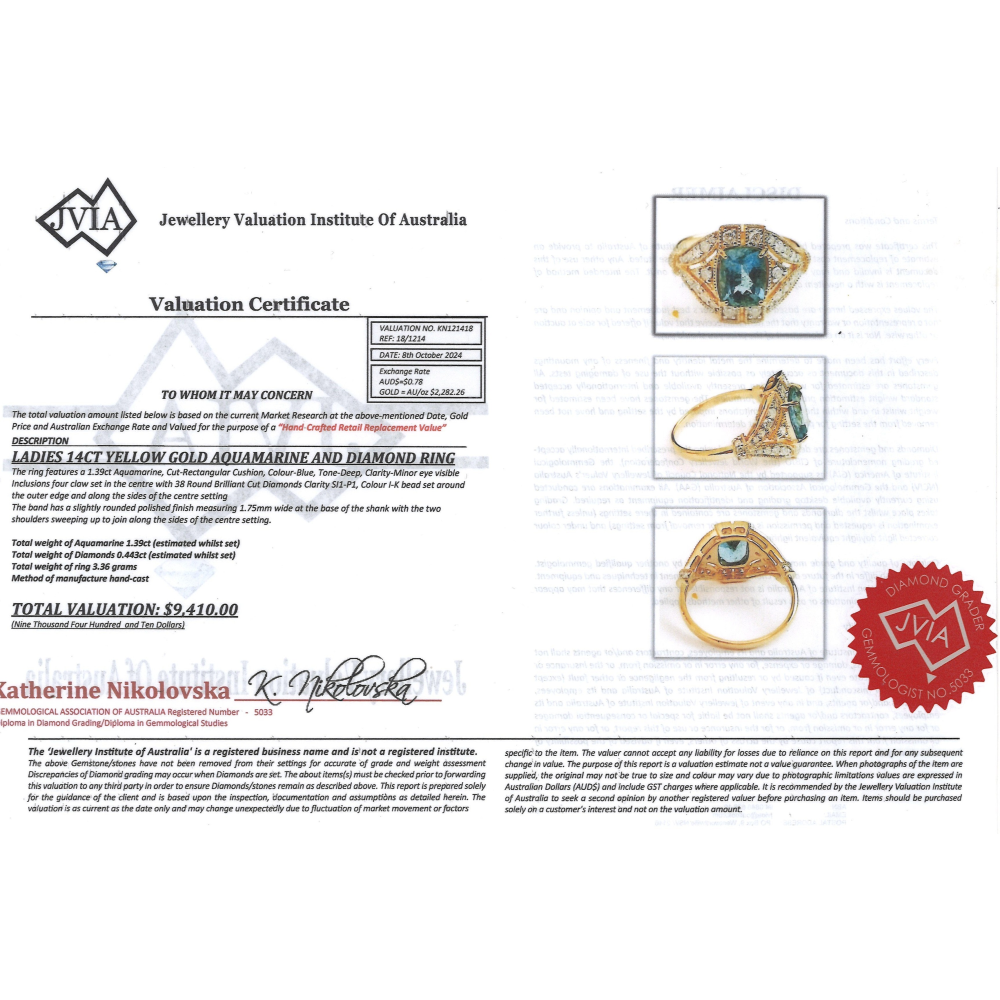 1.39ct Yellow Gold Aquamarine and Diamond Art Deco Inspired Ring