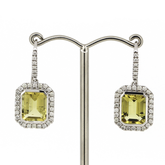 White Gold Heliodor and Diamond Halo Drop Earrings