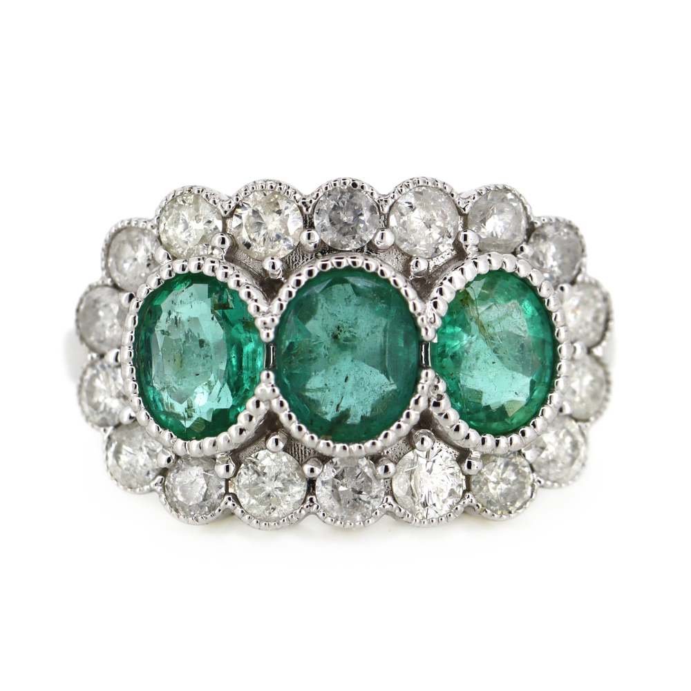 White Gold Emerald and Diamond Halo Trilogy Ring