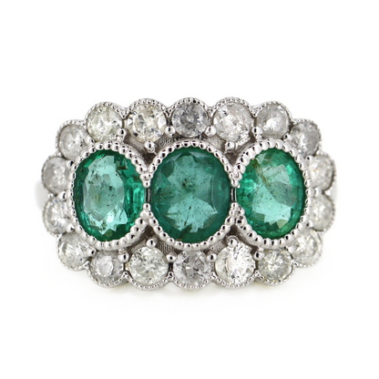 White Gold Emerald and Diamond Halo Trilogy Ring