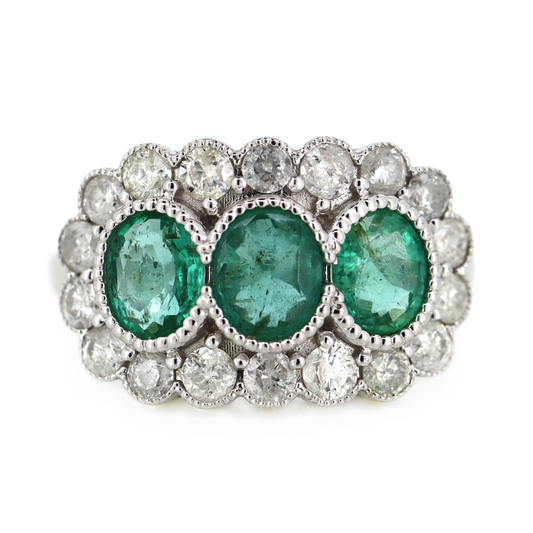 White Gold Emerald and Diamond Halo Trilogy Ring