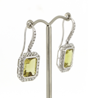 White Gold Heliodor and Diamond Halo Drop Earrings