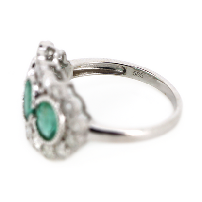 White Gold Emerald and Diamond Halo Trilogy Ring