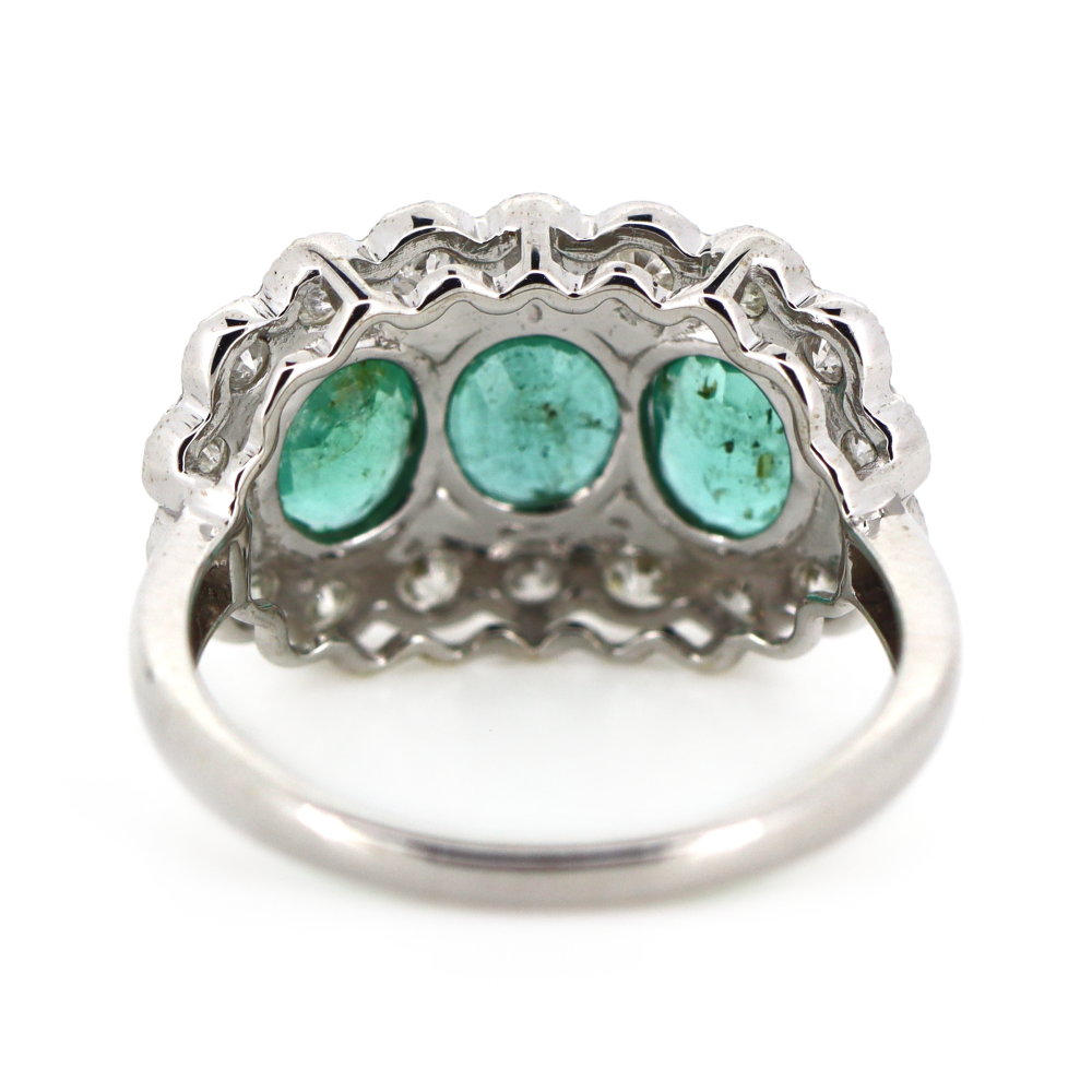 White Gold Emerald and Diamond Halo Trilogy Ring
