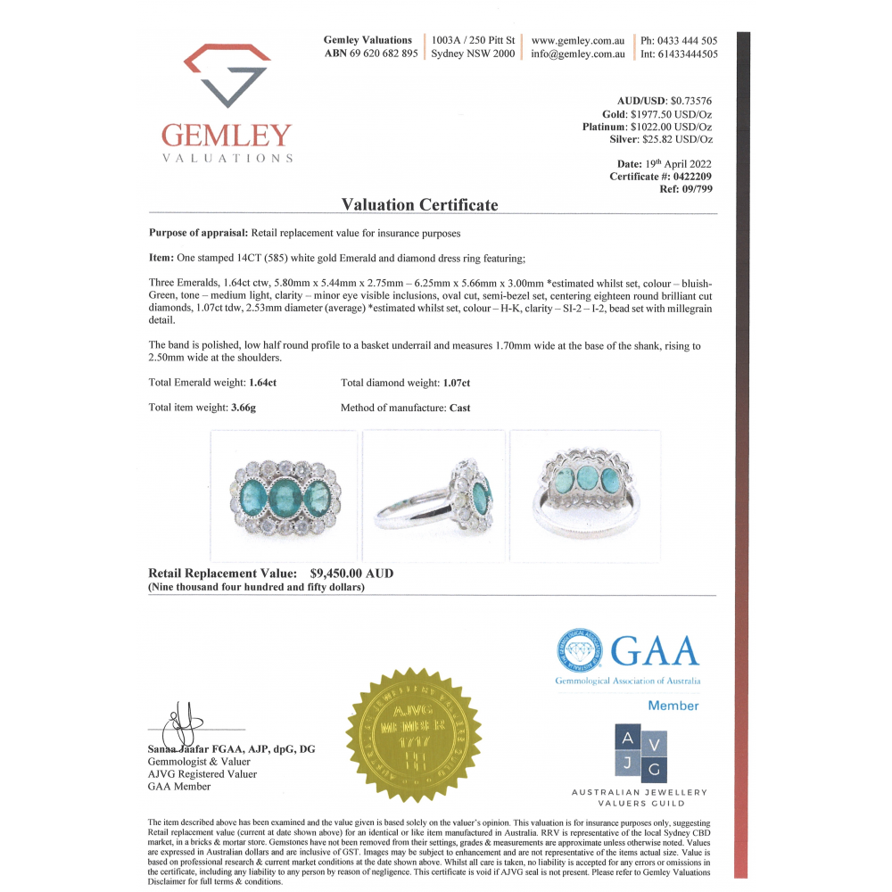 White Gold Emerald and Diamond Halo Trilogy Ring