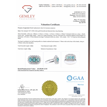 White Gold Emerald and Diamond Halo Trilogy Ring