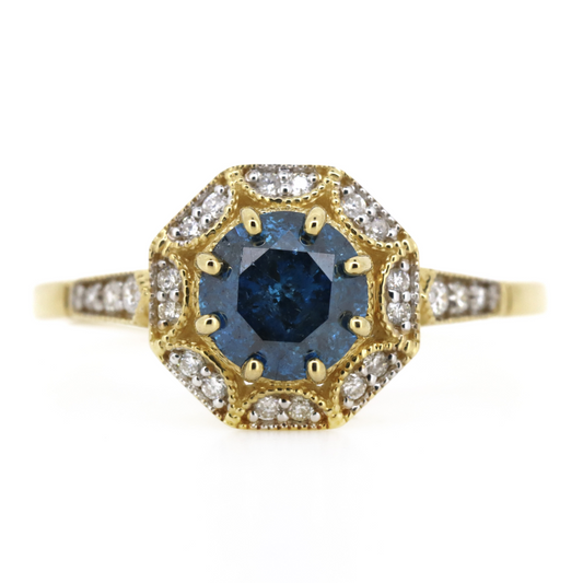 1.04ct Yellow Gold Fancy Blue Diamond Antique Inspired Ring
