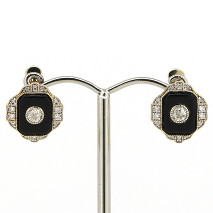 Yellow Gold Onyx and Diamond Art Deco Inspired Earrings