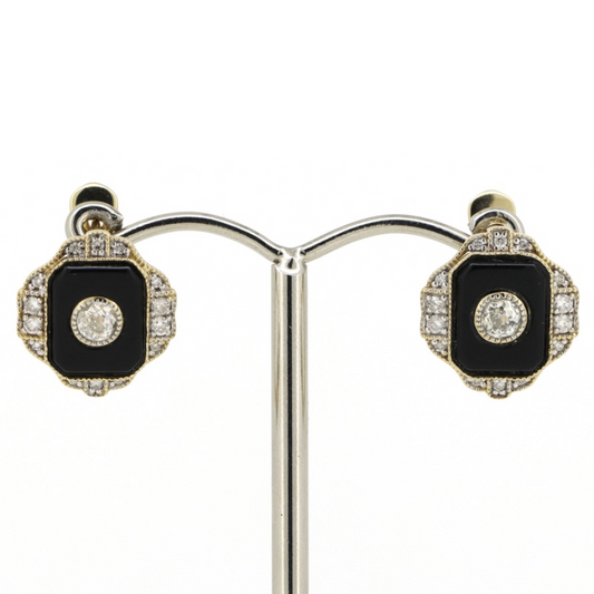 Yellow Gold Onyx and Diamond Art Deco Inspired Earrings