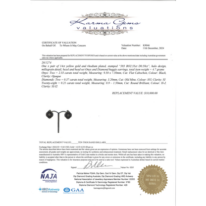 Yellow Gold Onyx and Diamond Art Deco Inspired Earrings