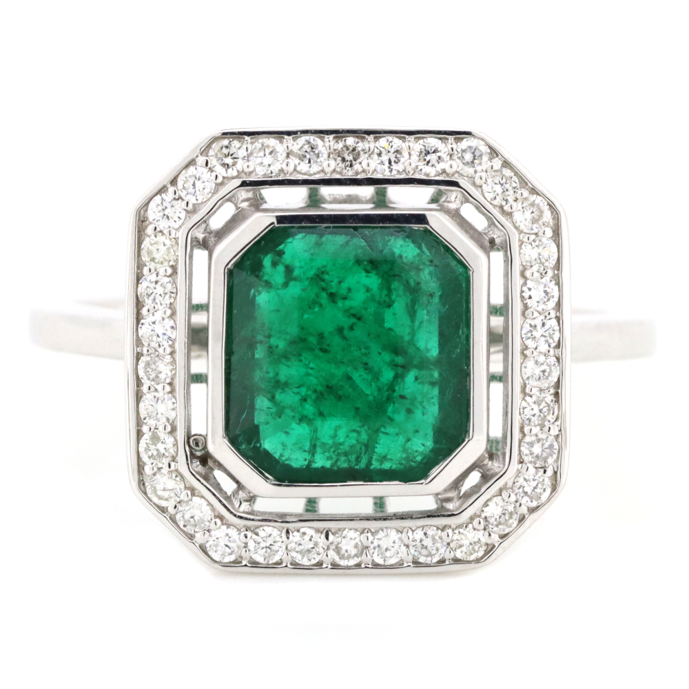 2.52ct White Gold Emerald and Diamond Halo Ring