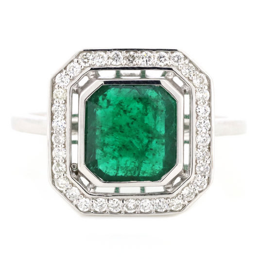 2.52ct White Gold Emerald and Diamond Halo Ring